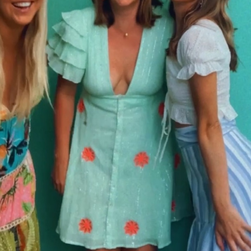 Size m SUNDRESS teal w/ pink flower party dress